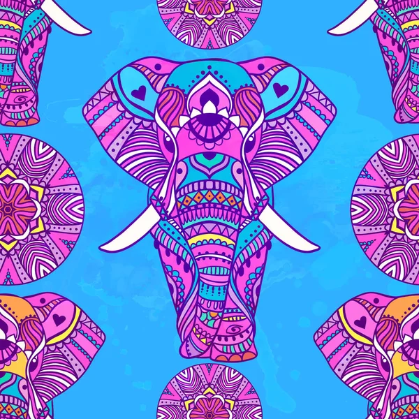 Boho elephant pattern. Vector illustration. Floral design, hand drawn map with Elephant ornamental — Stock Vector