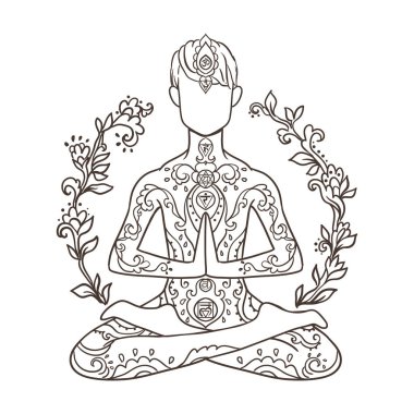 Yogacı. Güzel bir meditasyon konsepti. Geometrik element el çizimi. Vektör illüstrasyonu