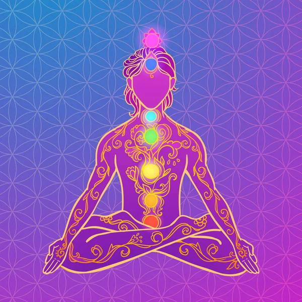 Hombre del yoga. Adorno hermoso Concepto de meditación. Elemento geométrico dibujado a mano. Ilustración vectorial — Vector de stock