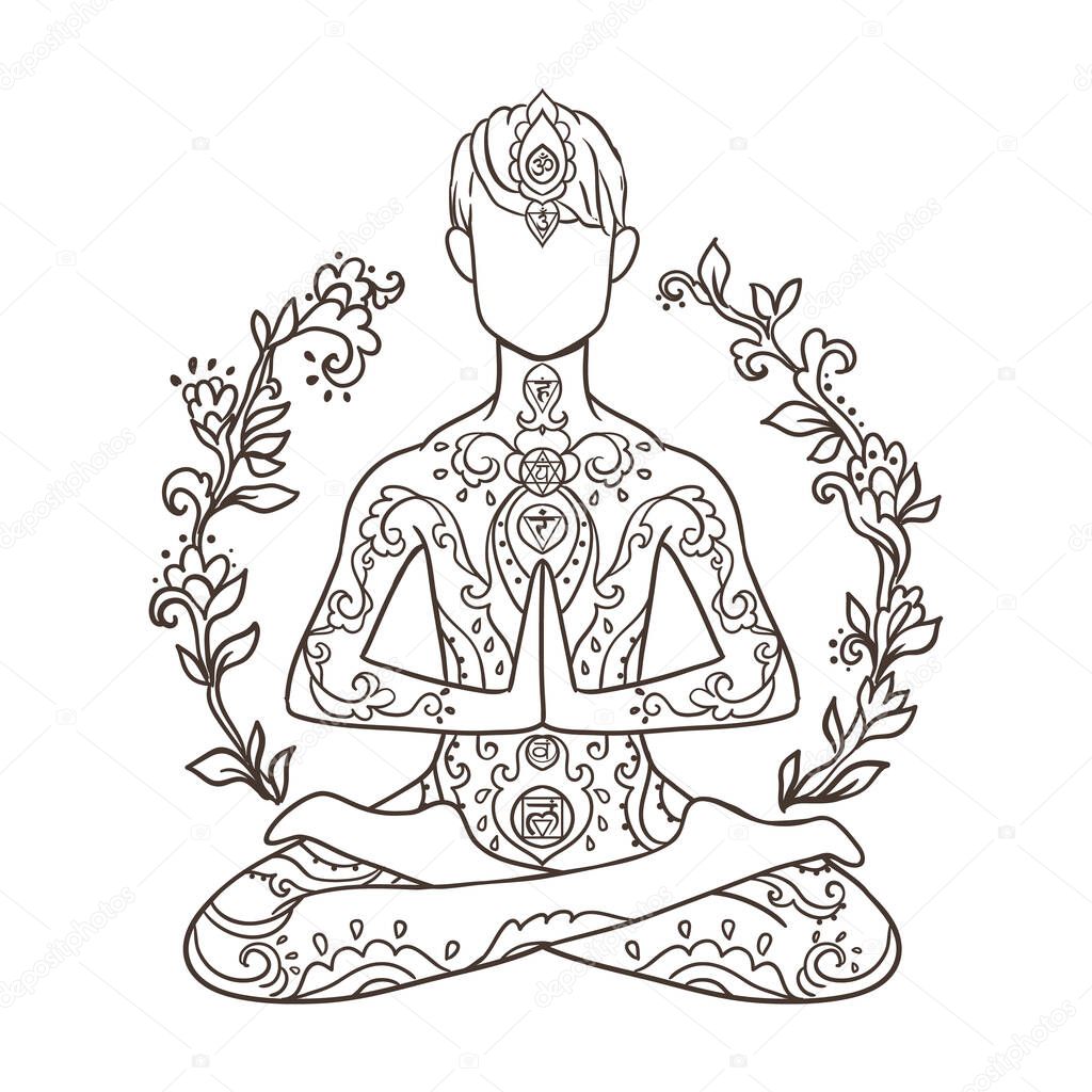 Ornament beautiful card with yoga man. Geometric element hand drawn. Vector illustration for design for logo, banner flyers. Medallion, yoga, india, arabic. Lotus pose isolated on background Breathe