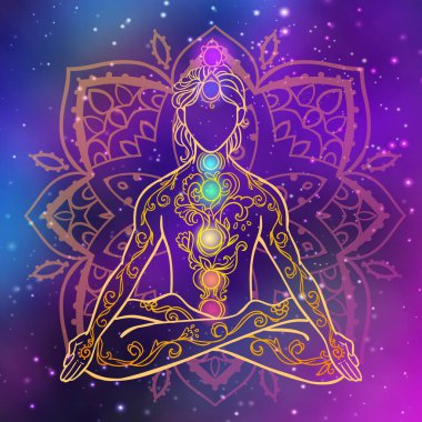 Yogacı. Güzel bir meditasyon konsepti. Geometrik element el çizimi. Vektör çizimi. Geometrik kutsal geometri.