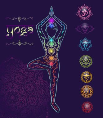Yogacı. Güzel bir meditasyon konsepti. Geometrik element el çizimi. Vektör illüstrasyonu