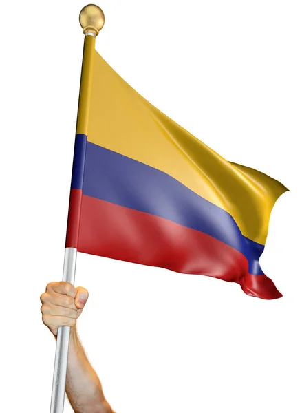 Mano Sosteniendo Bandera Colombia Aislada Sobre Fondo Blanco Representación —  Fotos de Stock