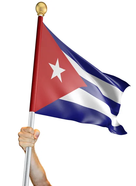 Ruka Držící Vlajka Kuby Izolovaných Bílém Pozadí Vykreslování — Stock fotografie
