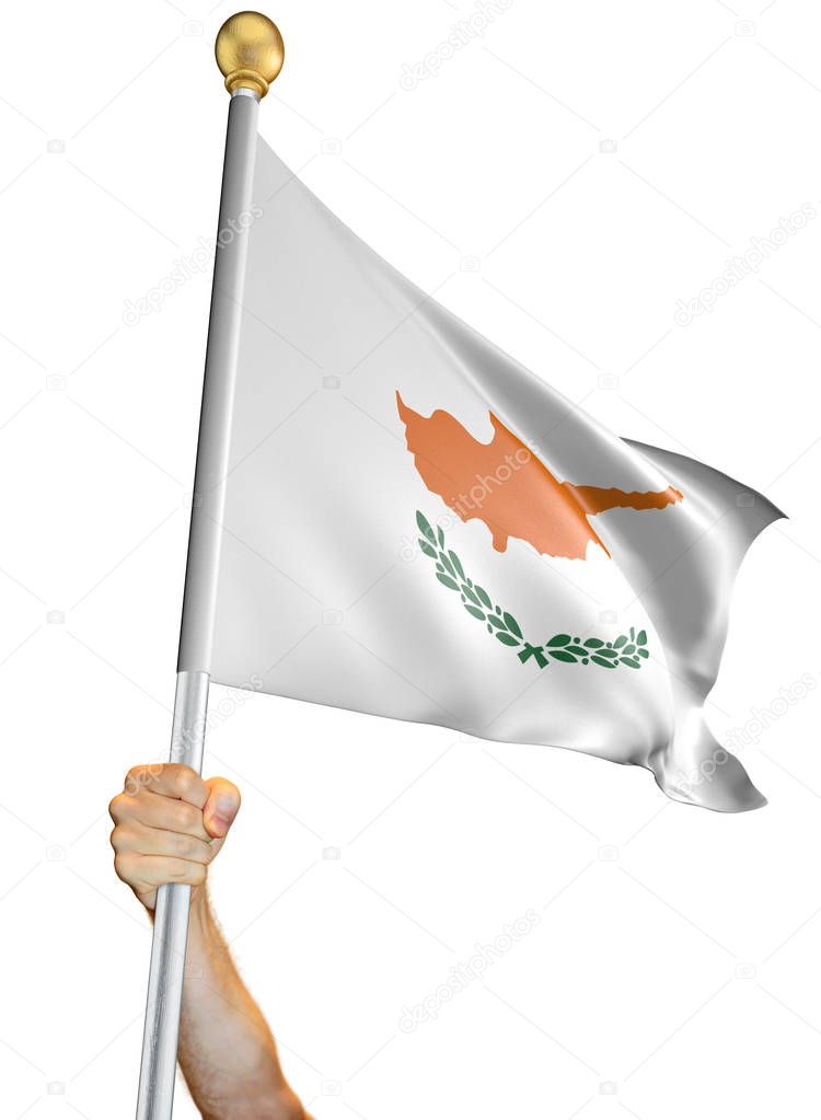 Hand holding the flag of Cyprus isolated on a white background, 3D rendering