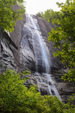 Hickory Nut Falls Kuzey Carolina Chimney Rock State Park'ta bahar yaprakları ile çerçeveli