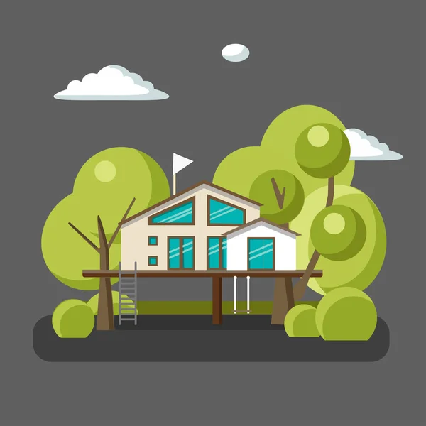 Maison sur l'arbre pour adultes et enfants.Illustration plate . — Image vectorielle