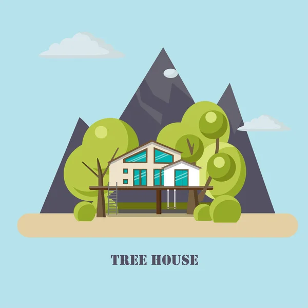 Casa en el árbol para adultos y niños.Ilustración plana con montañas . — Vector de stock