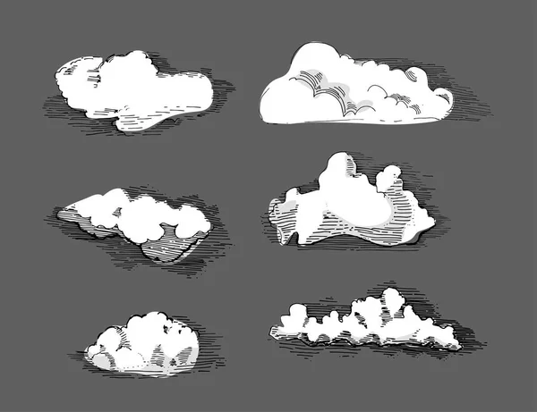 Hand drawn vintage engraved clouds vector set. Detailed ink illustration. Sky, heaven, cloud sketch, retro style. — Stock Vector