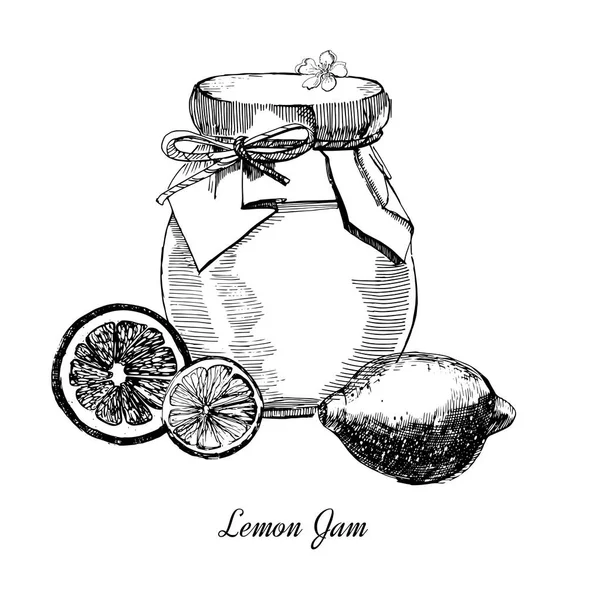 Marmellata di limoni. Illustrazione disegnata a mano. Inchiostro schizzo di limoni in scatola, isolato su sfondo bianco . — Vettoriale Stock