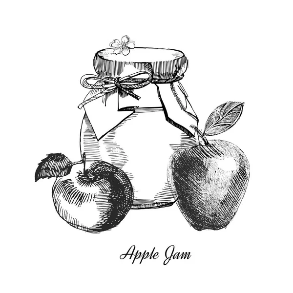 りんごジャム。手描きのイラスト。缶詰のリンゴ、白い背景で隔離のインク スケッチ. — ストックベクタ