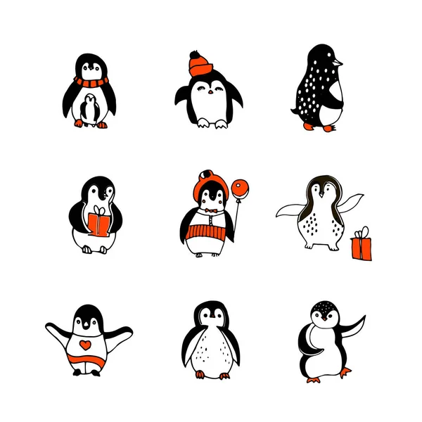 Penguin isolated hand drawn illustration.Vector set of different penguins with ballon, gif.Cartoon animals for kids.Penguins congratulate wich christmas and new year . — стоковый вектор