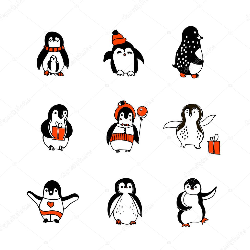 Penguin isolated hand drawn illustration.Vector set of different penguins with ballon,gif.Cartoon animals for kids.Penguins congratulate wich christmas and new year.