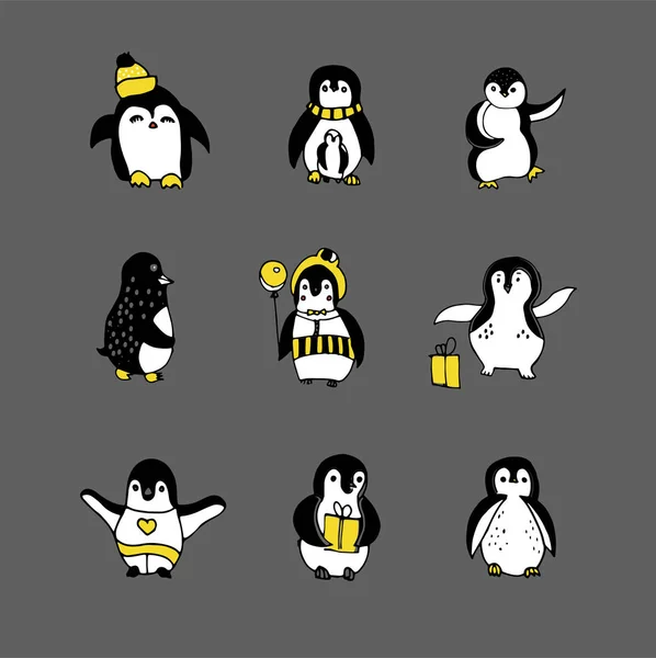 Pingwin szkic ilustracji. Wektor zestaw różnych pingwiny z ballon, gif. Zwierzęta z kreskówek dla dzieci. Pogratulować pingwiny z Boże Narodzenie i nowy rok. — Wektor stockowy