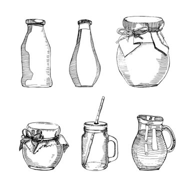 Vektör el illüstrasyon şişe, sürahi, kutular, cam ile çekilmiş. Yemekleri kroki. Beyaz arka plan üzerinde izole. Oyulmuş stili.