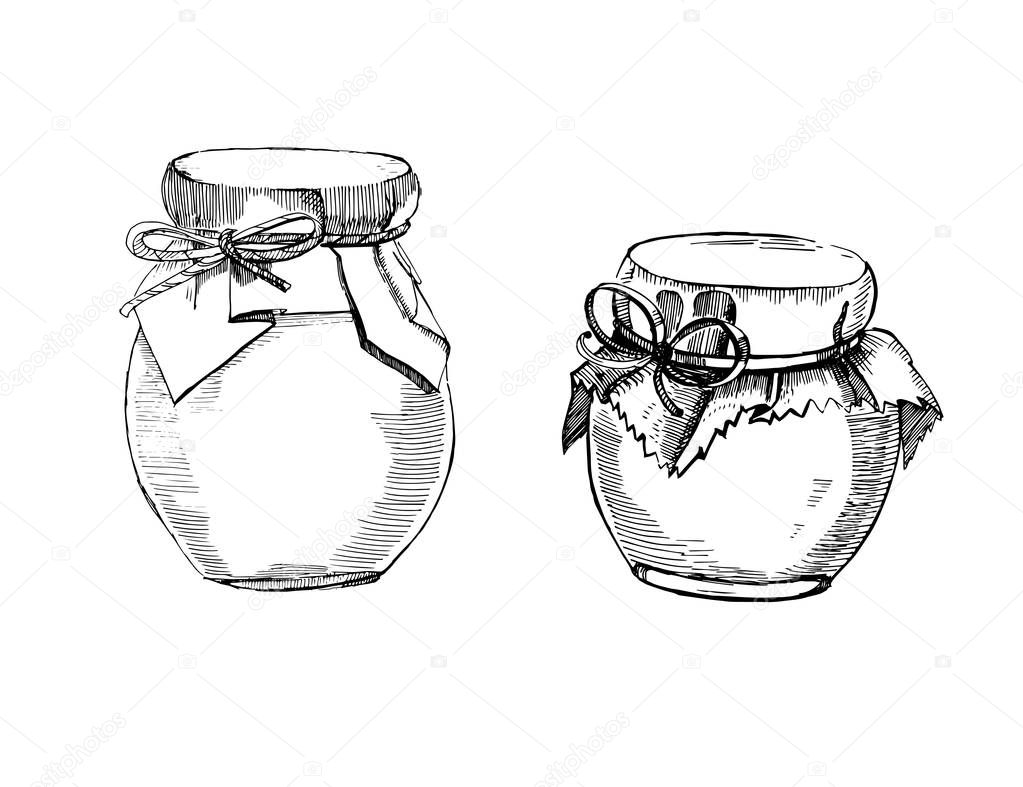 Vector hand drawn Illustration with jars and bottles,isolated on the white background. Sketch cans for jam. Vintage style.