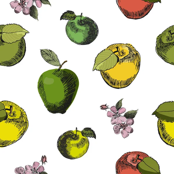Schizzo di mela modello senza salde.Vintage inchiostro disegnato a mano vettore di diverse mele e fiori di mela, isolato su sfondo bianco.Ottimo per tessuti, carta da parati, imballaggio . — Vettoriale Stock