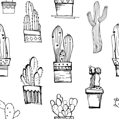Kaktüsler handdrawn kroki seamless modeli. Farklı kaktüs desenle. Büyük kumaş, duvar kağıdı, ambalaj için.