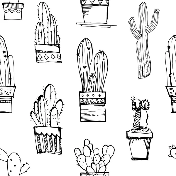 Cacti handdrawn sketch seamless pattern. Pattern with different cactus.Great for fabrics, wallpaper,packaging. — Stock Vector