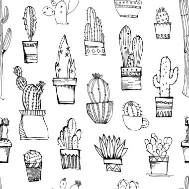 Kaktüsler handdrawn kroki seamless modeli. Beyaz arka plan üzerinde farklı kaktüs desenle. Büyük kumaş, duvar kağıdı, ambalaj için.