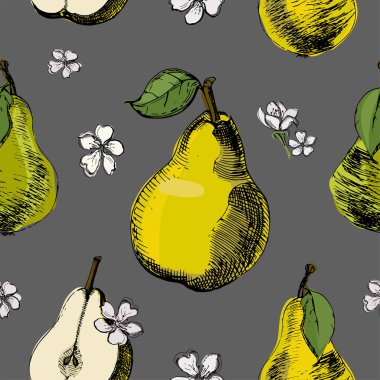 Dikişsiz desen armut ve çiçeklerle. Vintage mürekkep el çizilmiş vektör farklı armut ve armut gri arka plan üzerinde çiçek. Büyük kumaş, duvar kağıdı, ambalaj için.