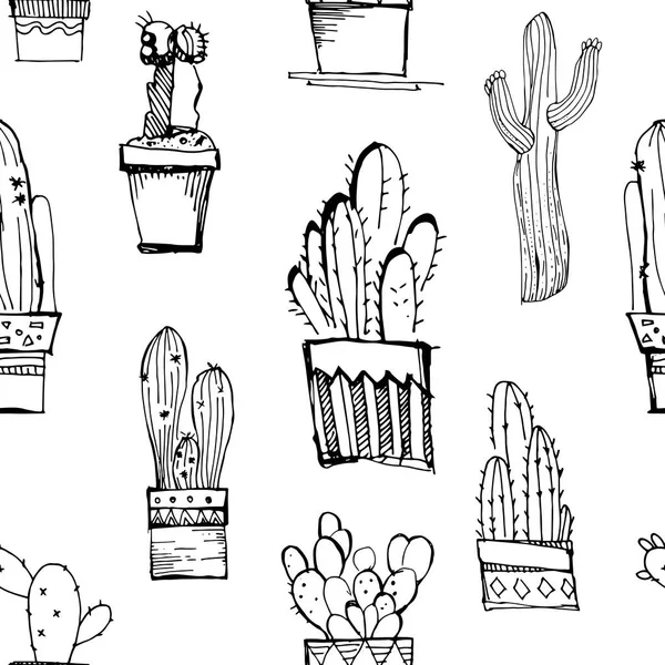 Handdrawn seamless pattern with cacti. Pattern with different cactus.Great for fabrics, wallpaper,packaging. — Stock Vector