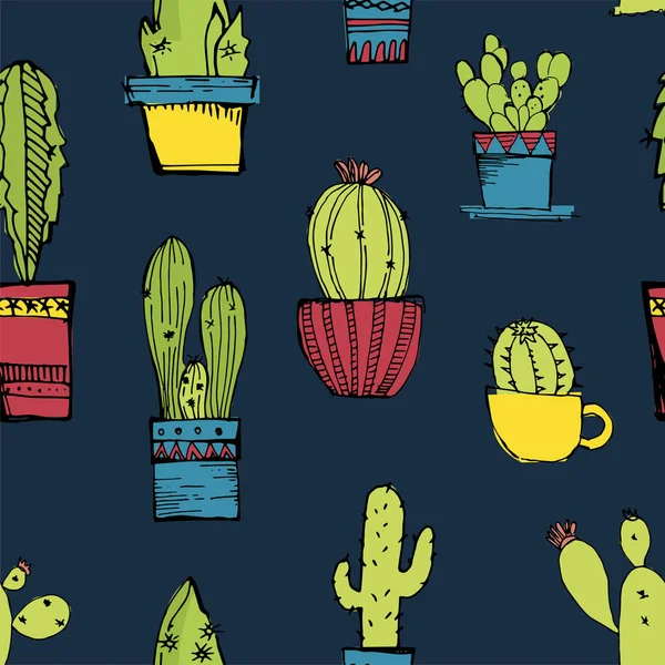 Wektor wzór z różnych Kaktus. Bright powtarzane tekstury z zielone kaktusy w doniczkach. Ręka naturalny rysunek tło z roślin pustynnych. Wielkie Tapety, tkaniny, opakowania. — Wektor stockowy