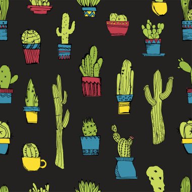 Vektör el çekilmiş seamless modeli ile farklı kaktüs. Parlak yeşil kaktüsler ile doku tekrarladı. Doğal el çöl bitkileri ile arka plan çizimi.