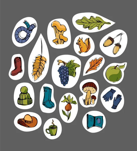 Autumn stickers.Hat, mushroom, acorn, umbrella, pumpkin, grapes, rubber boots, squirrel,apple,cup,leaves,book.Set of different colorful elements. — Stock Vector