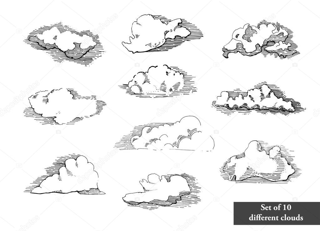 Hand drawn vintage engraved clouds vector set. Detailed ink illustration. Sky, heaven, cloud sketch, retro style.Big set of coluds.