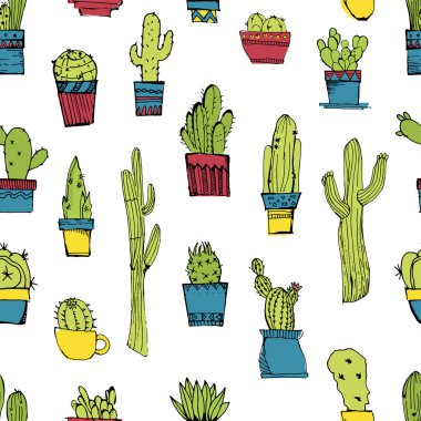 Vektör farklı kaktüs ile seamless modeli. Parlak yeşil kaktüsler tencere ile doku tekrarladı. Doğal el çöl bitkileri ile arka plan çizimi. Büyük kumaş, duvar kağıdı, ambalaj için.