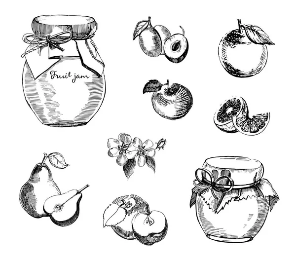Raccolta di vaso di marmellata con susina, mela, marmellata con pera e arancia. Illustrazione di schizzo disegnato a mano vettoriale. . — Vettoriale Stock