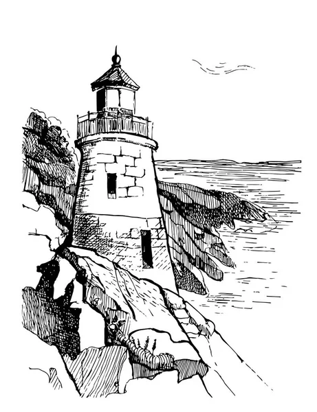 Hav-landskap med en fyr. Havet handritad skiss illustration. Affisch för ett barns rum. Beacon på en sten i havet. Owls Head Light i Portland. — Stock vektor
