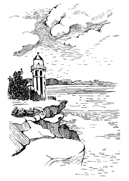 Ocean landscape with a lighthouse.Hand drawn sketch illustration. Poster for a childrens room. Beacon in the ocean.Hornby Lighthouse in Australia.