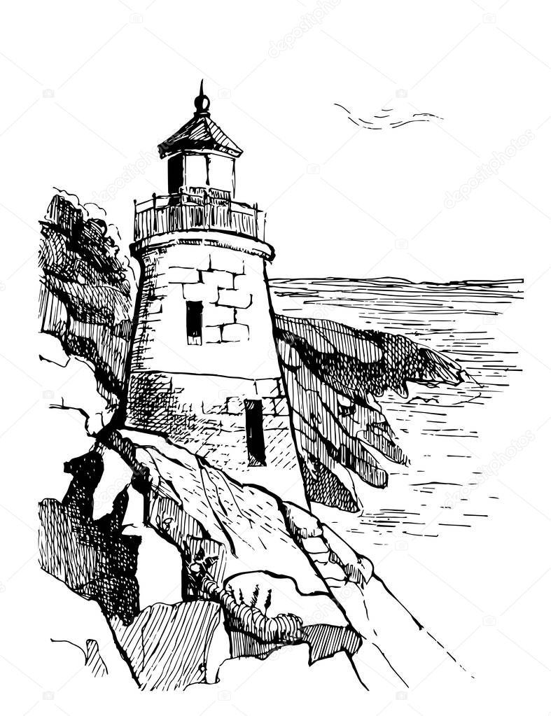 Sea landscape with a lighthouse. Sea hand drawn sketch illustration. Poster for a childrens room. Beacon on a rock in the sea.Owls Head Light in Portland.