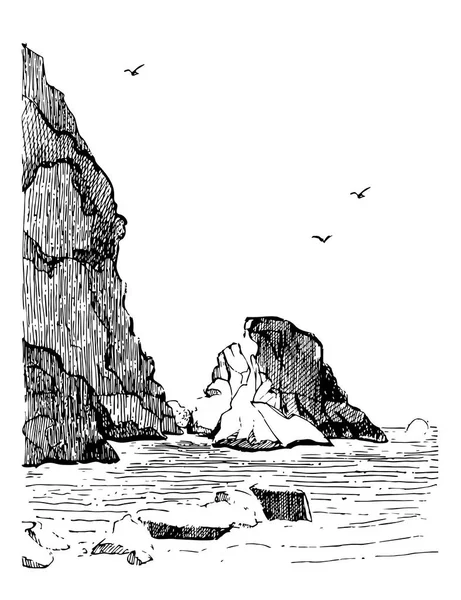 Paysage marin avec eau et rochers. Illustration de croquis dessinés à la main sur la mer.Gravure paysage . — Image vectorielle