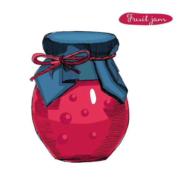 Vettore disegnato a mano Illustrazione con vaso pieno di marmellata di frutta, isolato sullo sfondo bianco. Sketch può per jam.Cartoon stile . — Vettoriale Stock