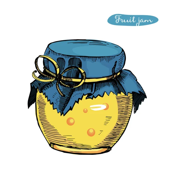 Vettore disegnato a mano Illustrazione con vaso pieno di marmellata di frutta, isolato sullo sfondo bianco. Sketch può per jam.Cartoon stile . — Vettoriale Stock