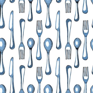 Kaşık, bıçak, çatal kroki seamless modeli. Vektör çizim. Beyaz arka plan üzerinde izole çatal bıçak seti.