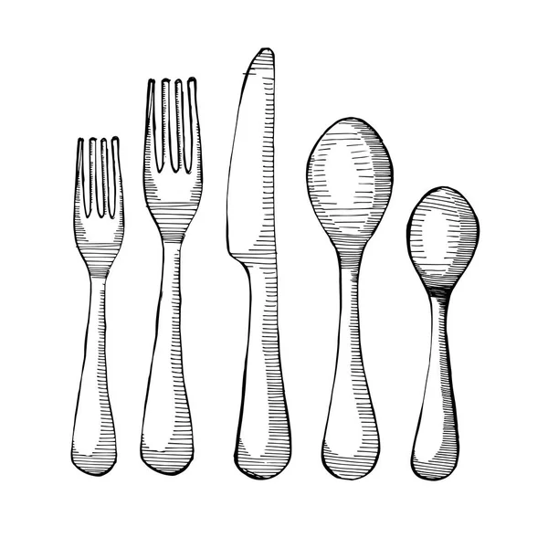 Juego de cubiertos con cucharas, tenedores y cuchillo, vista superior.Ilustración de bosquejo vectorial . — Vector de stock