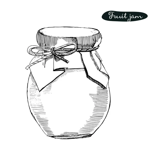 Vettore disegnato a mano Illustrazione con vaso pieno di marmellata di frutta, isolato sullo sfondo bianco. Sketch può per jam.Cartoon stile . — Vettoriale Stock