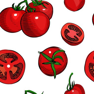 Domates el çizilmiş vektör Dikişsiz desen. Detaylı retro tarzı kroki. Vintage mürekkep domates, beyaz arka planda izole. Sebze.