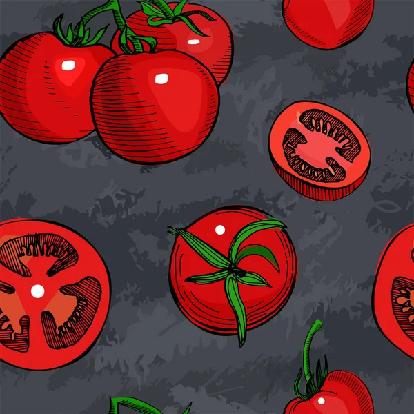 Tomat handritade vektor sömlösa mönster. Detaljerad retro stil skiss. Vintage bläck tomat, isolerad på grunge skiffer bakgrund. Vegetabiliska. — Stock vektor