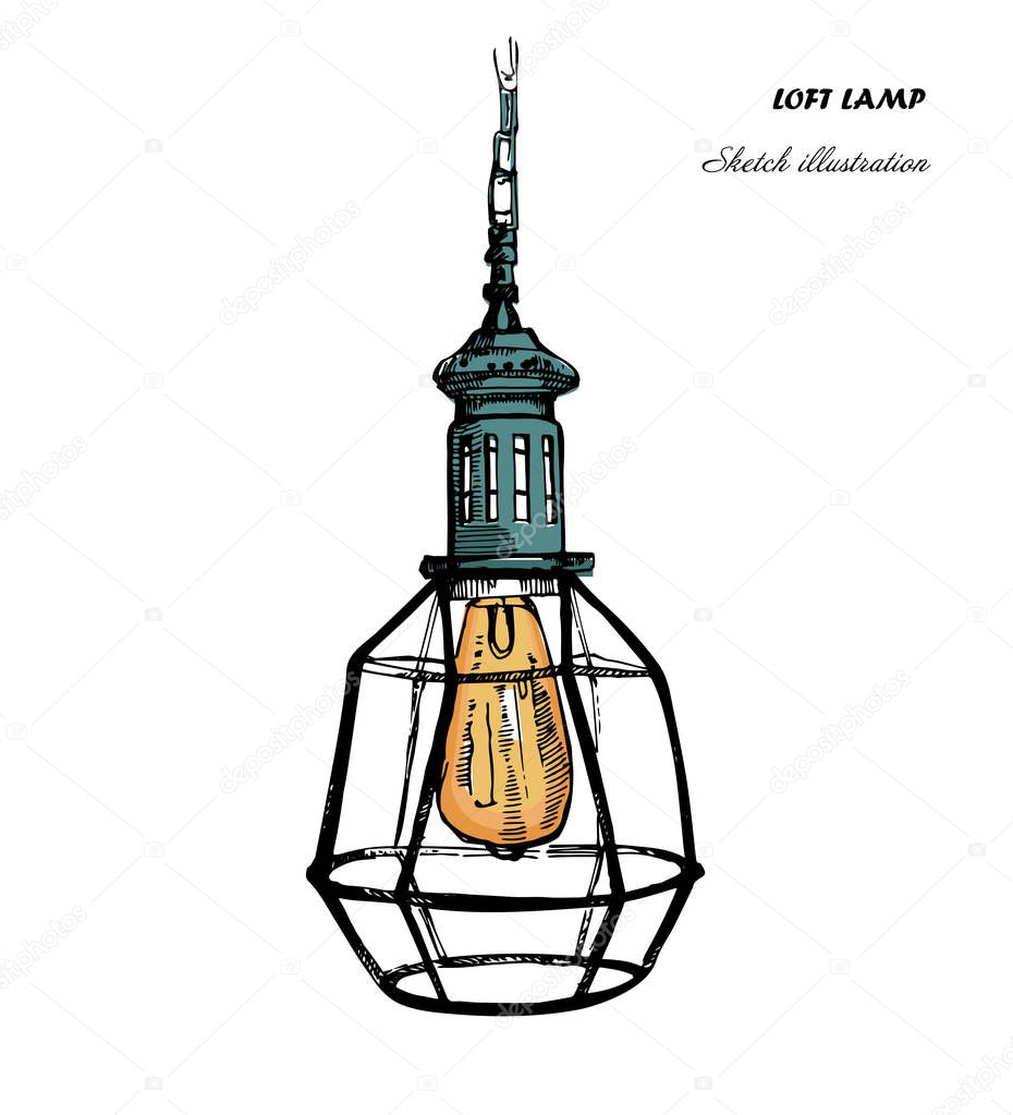 Hand drawn geometric loft lamps and iron lampshade.Modern ceiling lights in industrial style.Sketch illustration