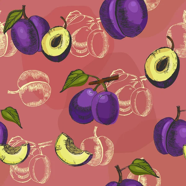 Vector seamless pattern with different plums. Bright repeated texture with purple plums. Natural hand drawing background with garden plants.Great for fabrics, wallpaper,packaging. — Stock Vector