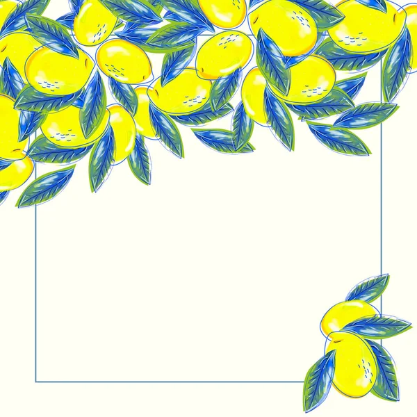 Желтые Лимоны Листья Иллюстрационная Карточка Местом Текста Летняя Тропическая Концепция — стоковое фото