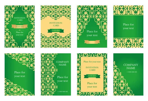 Set of green cards in ethnic oriental style. Lace background, fl — Stock Vector