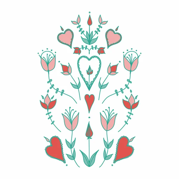 Stilisierte Blumen. Herzen und Blumen. Stilisierung des natürlichen Motivs. Orangerie im Volksstil. Volksmotiv. — Stockvektor
