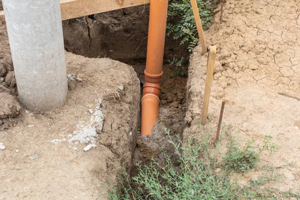 Tubo Encanamento Para Fornecer Água Para Casa Etapas Construção Casa — Fotografia de Stock
