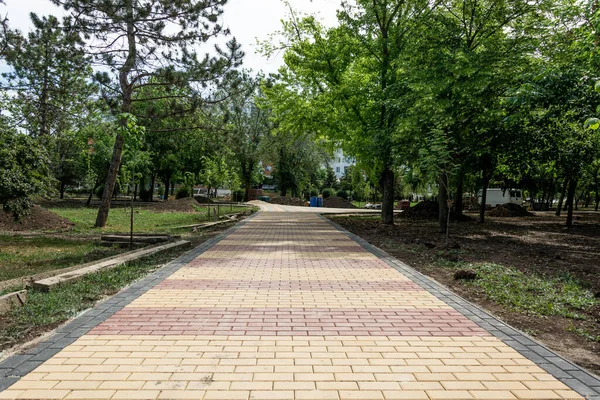 Posa Lastre Cemento Colorato Pavimentazione Nel Parco Muratori Professionisti Stanno — Foto Stock